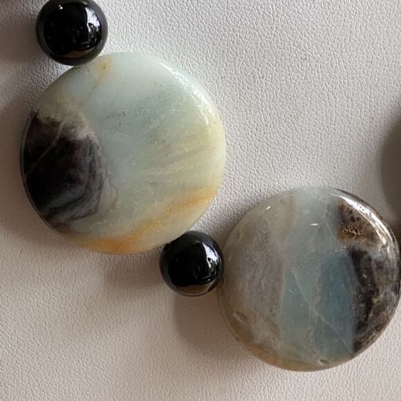 Estate Amazonite & Jet Black Stone Faceted Bead Statement Sterling Necklace - Picture 7 of 11